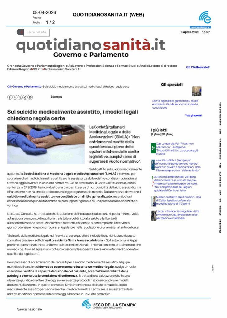 Sul suicidio medicalmente assistito, i medici legali chiedono regole certe – quotidianosanita.it