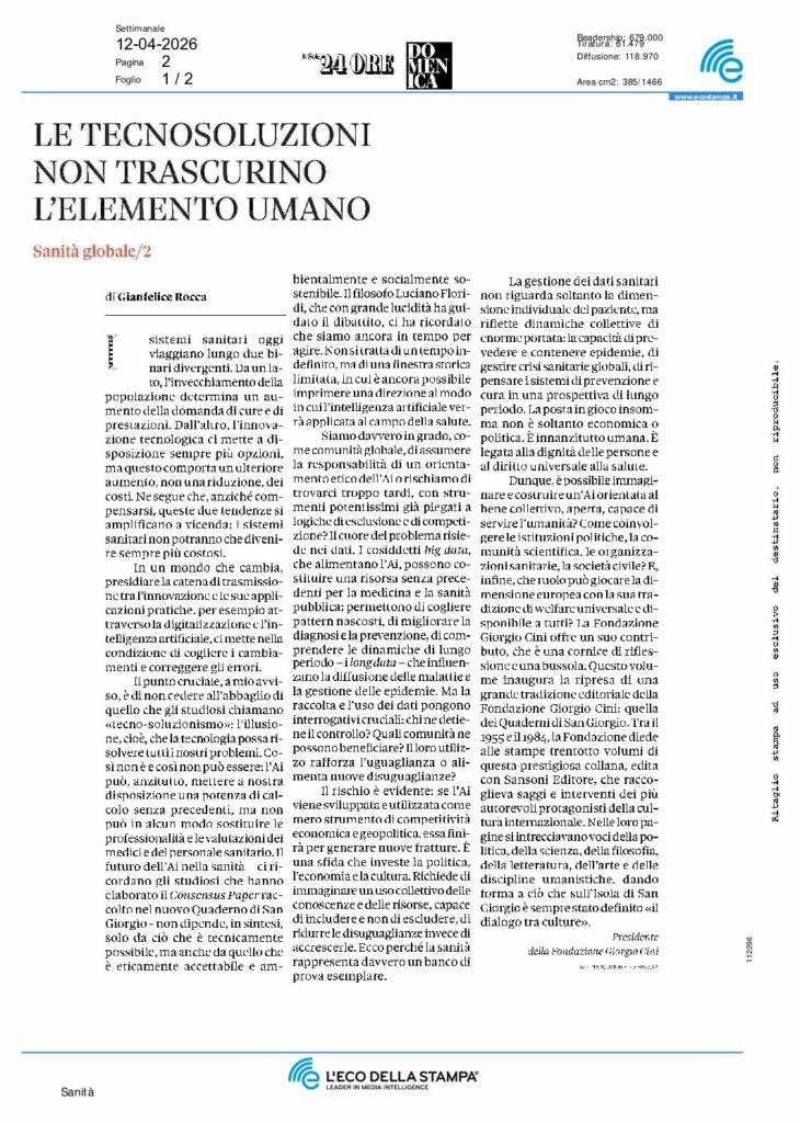 Rocca: LE TECNOSOLUZIONI NON TRASCURINO L’ELEMENTO UMANO – Il Sole 24ORE