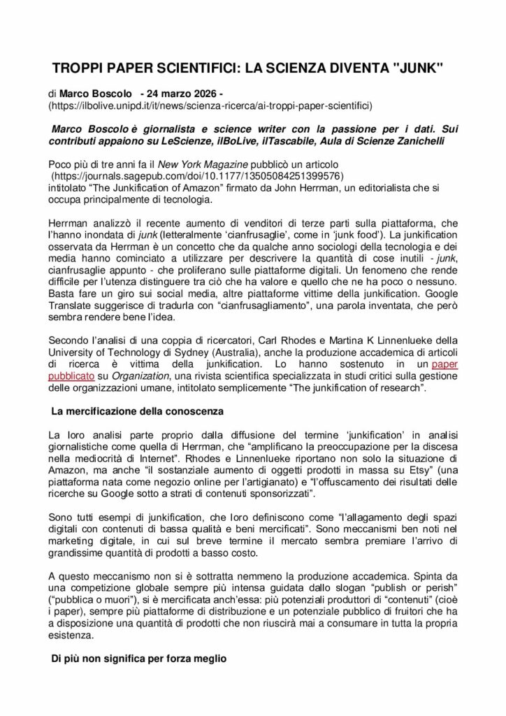 Boscolo: TROPPI PAPER SCIENTIFICI: LA SCIENZA DIVENTA “JUNK” – ilbolive.unipd.it