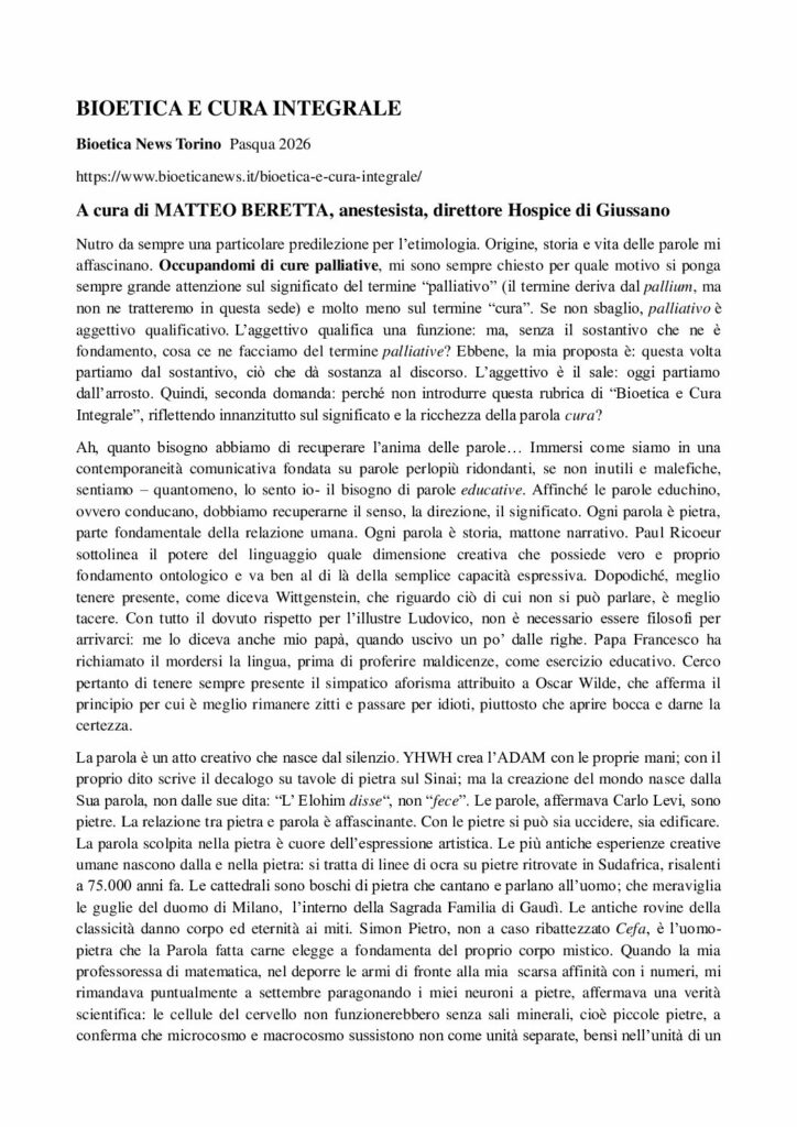 Beretta: BIOETICA E CURA INTEGRALE – bioeticanews.it