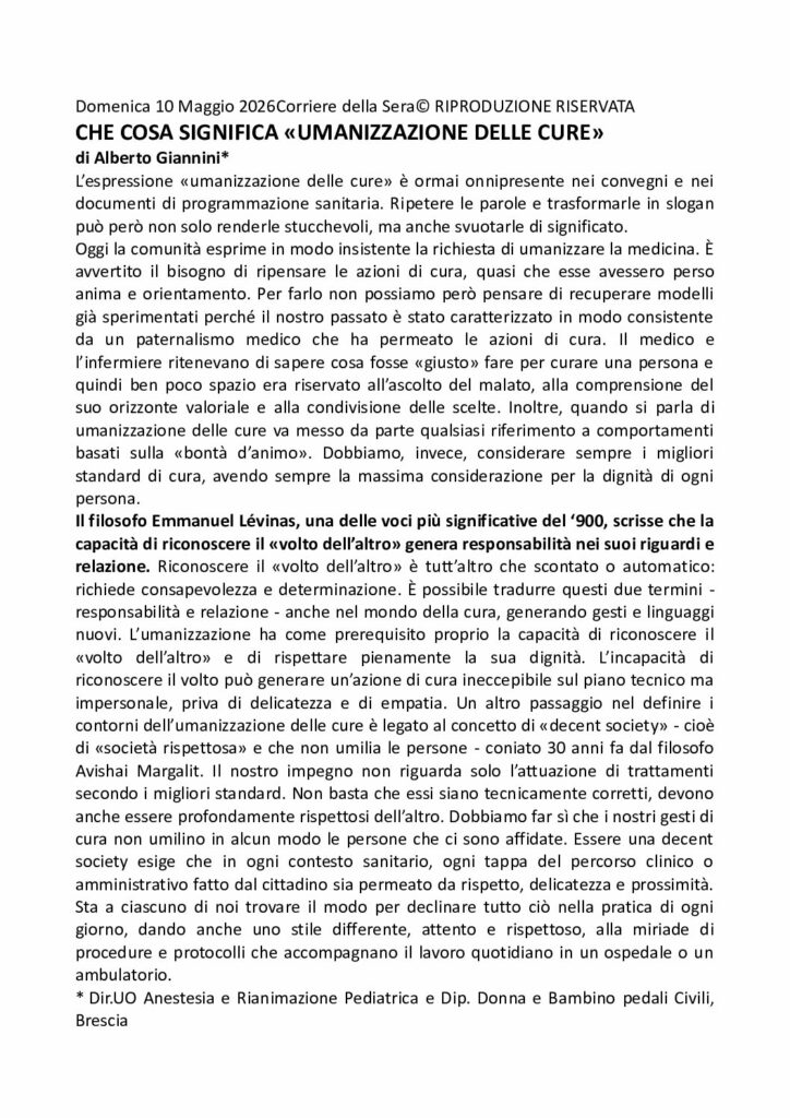 Giannini: CHE COSA SIGNIFICA «UMANIZZAZIONE DELLE CURE» – Corriere della Sera