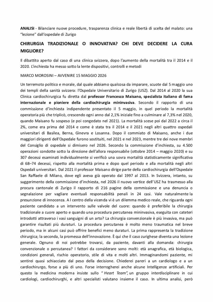 Morosini: CHIRURGIA TRADIZIONALE O INNOVATIVA? CHI DEVE DECIDERE LA CURA MIGLIORE? – Avvenire