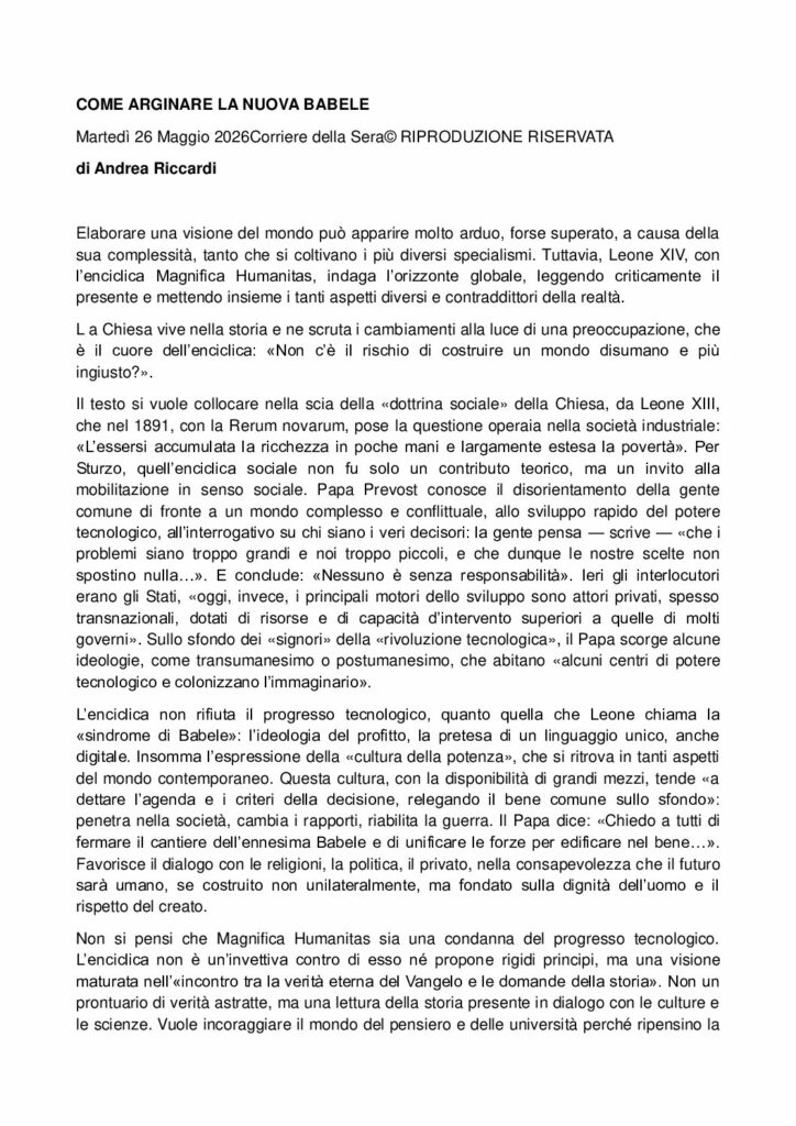 Riccardi: COME ARGINARE LA NUOVA BABELE – Corriere della Sera