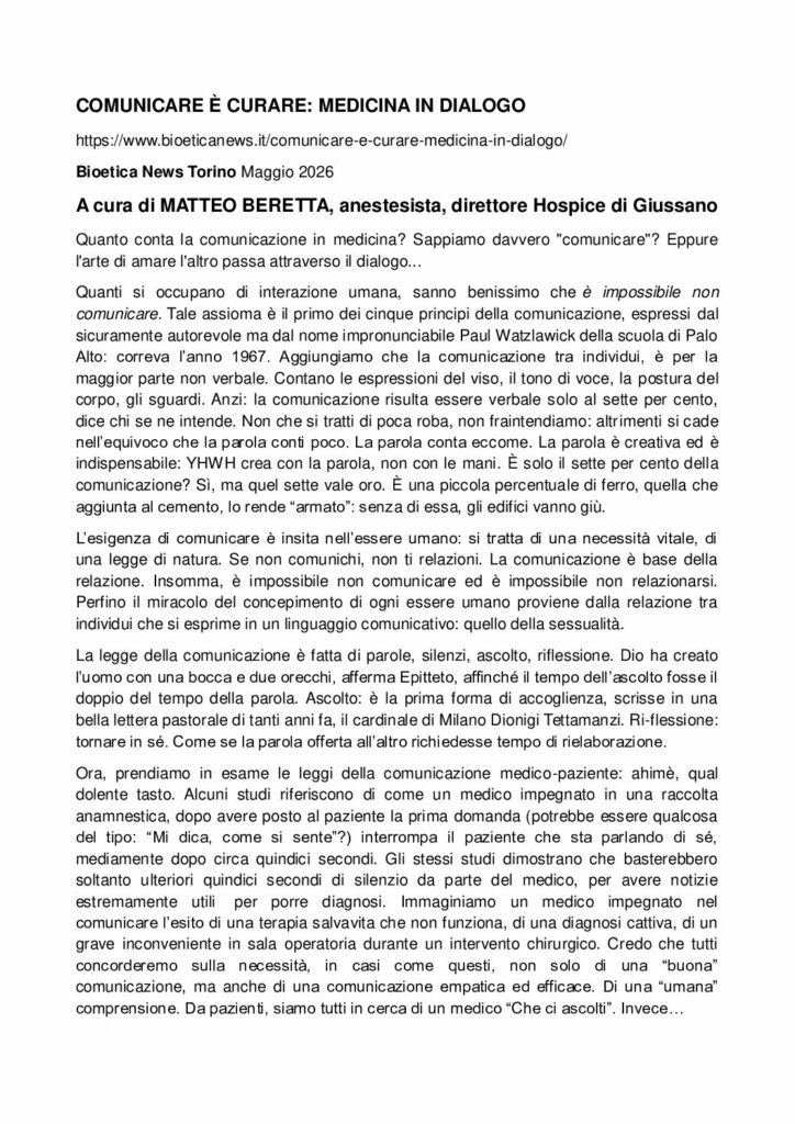 Beretta: COMUNICARE È CURARE: MEDICINA IN DIALOGO – bioeticanews.it