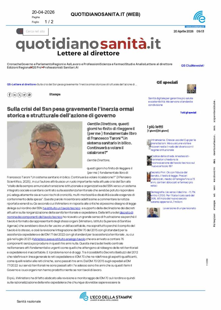 Maffei: Sulla crisi del Ssn pesa gravemente l’inerzia ormai storica e strutturale dell’azione di governo – quotidianosanita.it