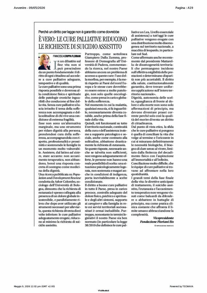 Crippa Floriani: È VERO: LE CURE PALLIATIVE RIDUCONO LE RICHIESTE DI SUICIDIO ASSISTITO – Avvenire