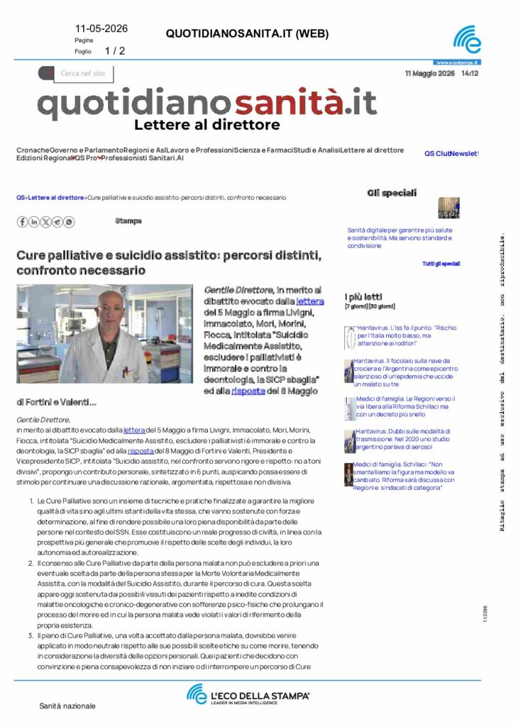 Fortini, Valenti: Cure palliative e suicidio assistito: percorsi distinti, confronto necessario – quotidianosanita.it