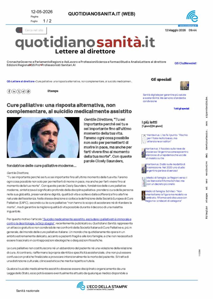 Scarcella: Cure palliative: una risposta alternativa, non complementare, al suicidio medicalmente assistito – quotidianosanita.it