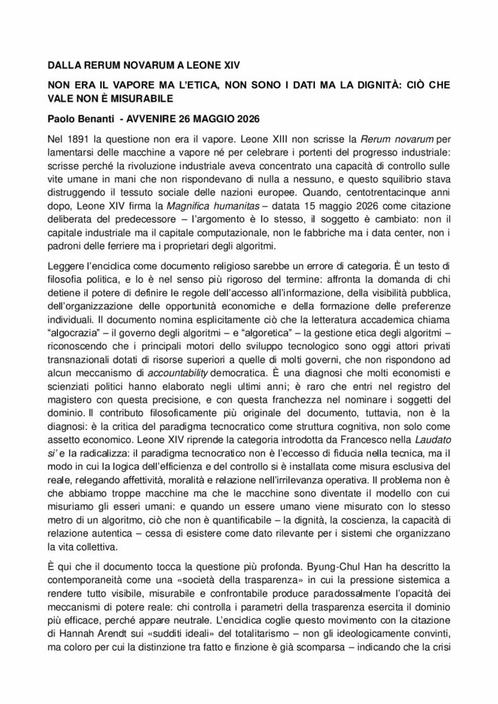 Benanti: DALLA RERUM NOVARUM A LEONE XIV – Avvenire