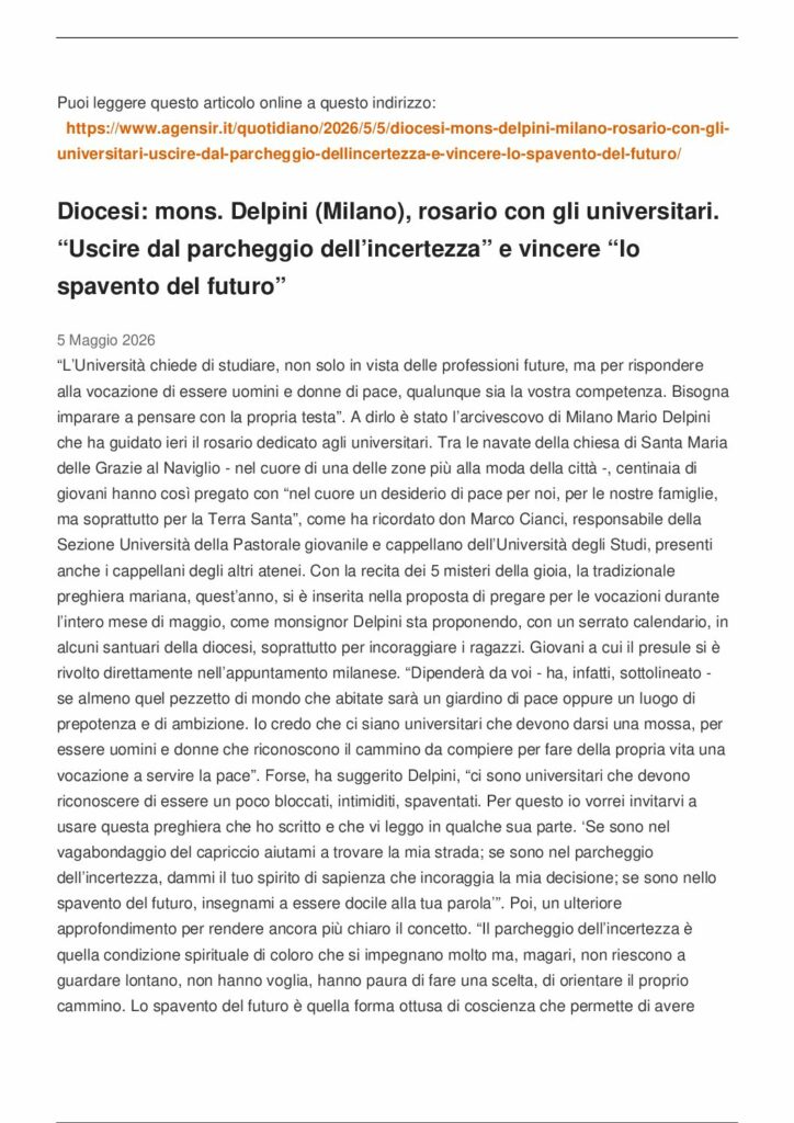 mons. Delpini: Rosario con gli universitari. “Uscire dal parcheggio dell’incertezza” e vincere “lo spavento del futuro” – agensir.it