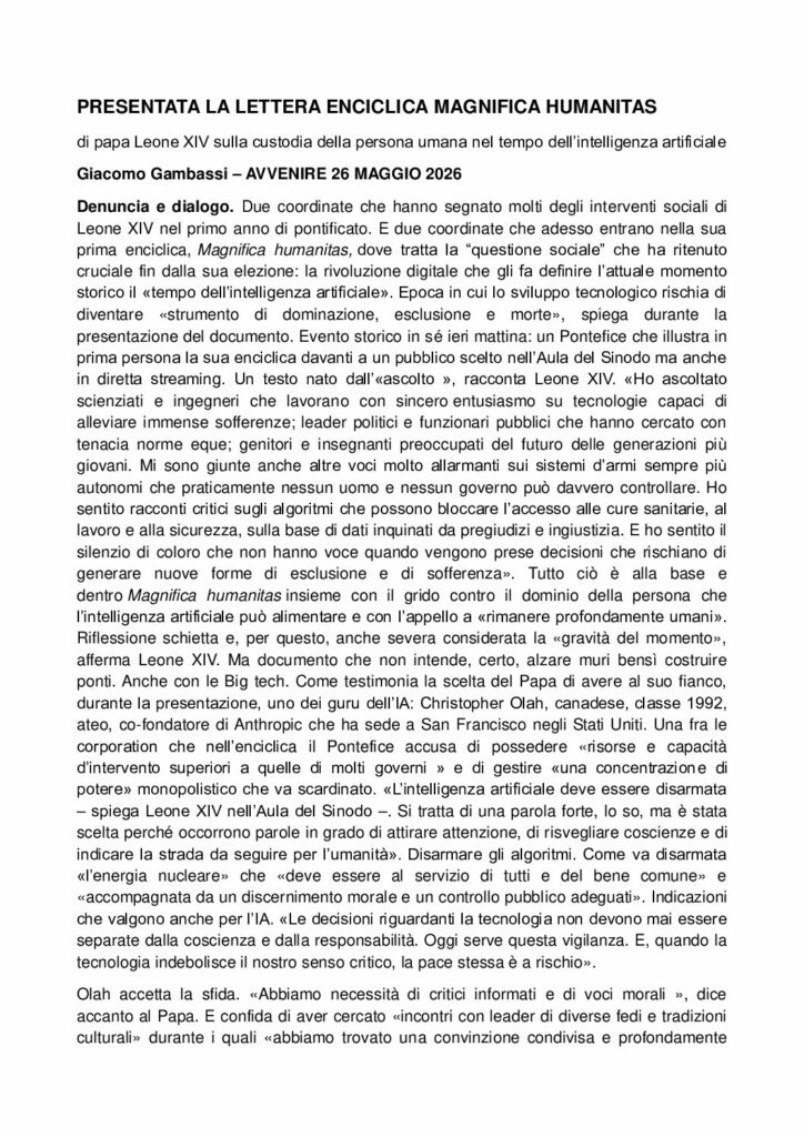 Gambassi: PRESENTATA LA LETTERA ENCICLICA MAGNIFICA HUMANITAS – Avvenire