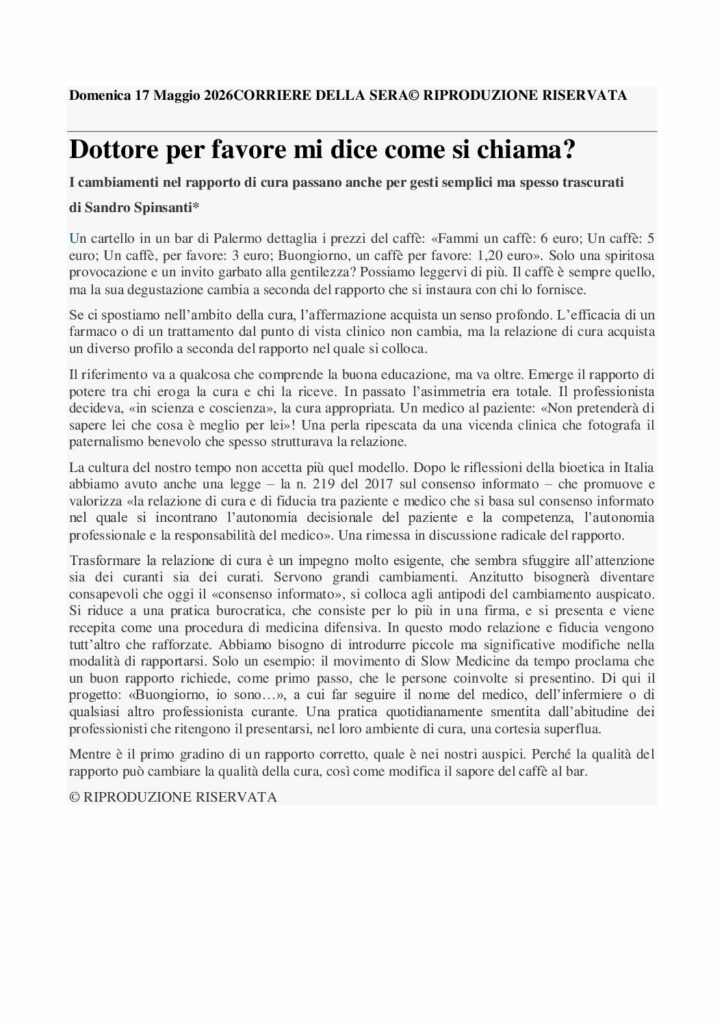 Spinsanti: Dottore per favore mi dice come si chiama? – Corriere della Sera