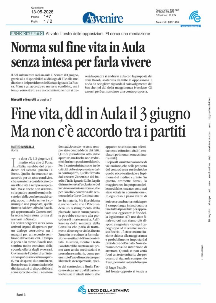 Marcelli: Fine vita, ddl in Aula il 3 giugno Ma non c’è accordo tra i partiti – Avvenire