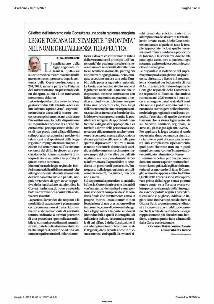 Bianchi: LEGGE TOSCANA GIUSTAMENTE “SMONTATA” NEL NOME DELL’ALLEANZA TERAPEUTICA – Avvenire
