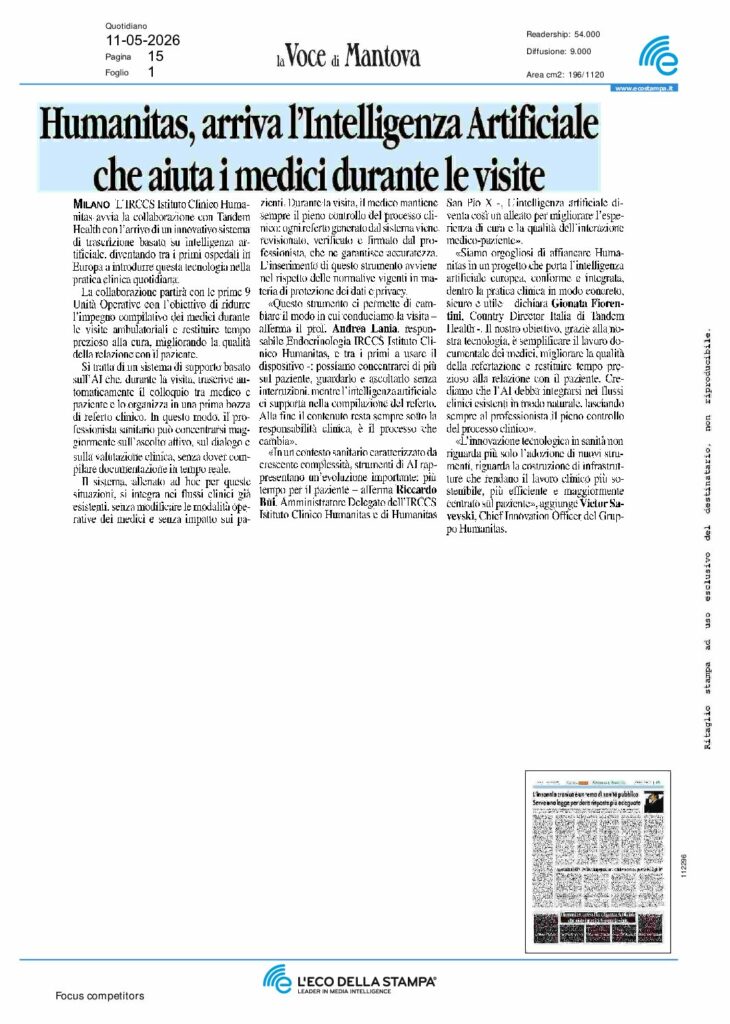 Humanitas, arriva l’Inteffigenza Artificiale che aiuta i medici durante le visite – la Voce di Mantova