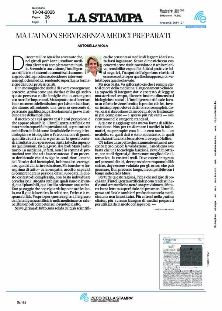 Viola: MA L’AI NON SERVE SENZA MEDICI PREPARATI – La Stampa