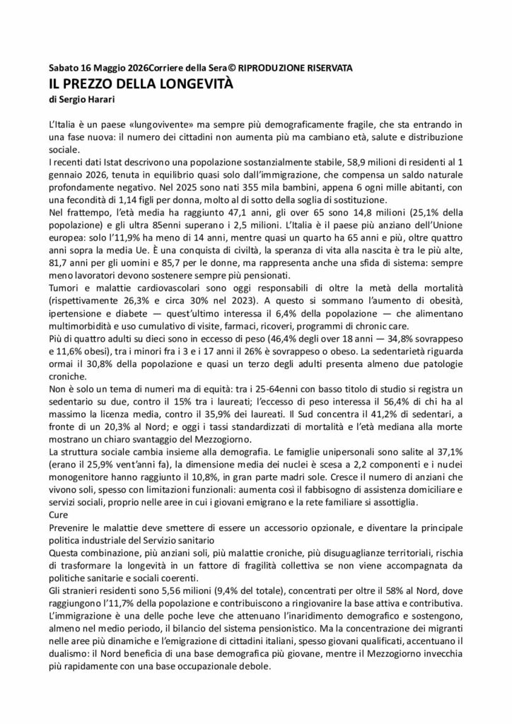 Harari: IL PREZZO DELLA LONGEVITÀ – Corriere della Sera