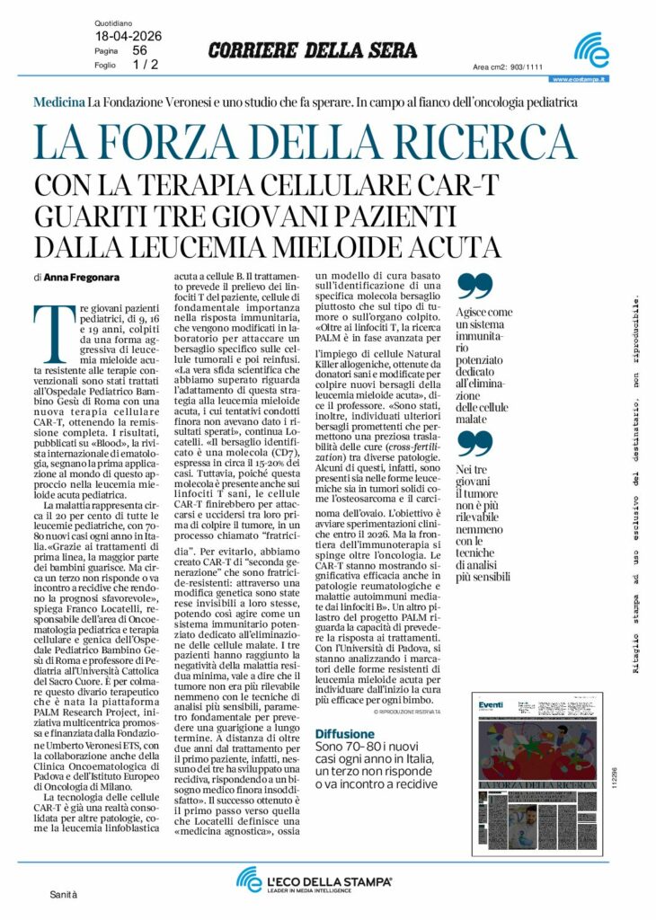 Fregonara: LA FORZA DELLA RICERCA – CON LA TERAPIA CELLULARE CAR-T GUARITI TRE GIOVANI PAZIENTI DALLA LEUCEMIA MIELOIDE ACUTA – Corriere della Sera