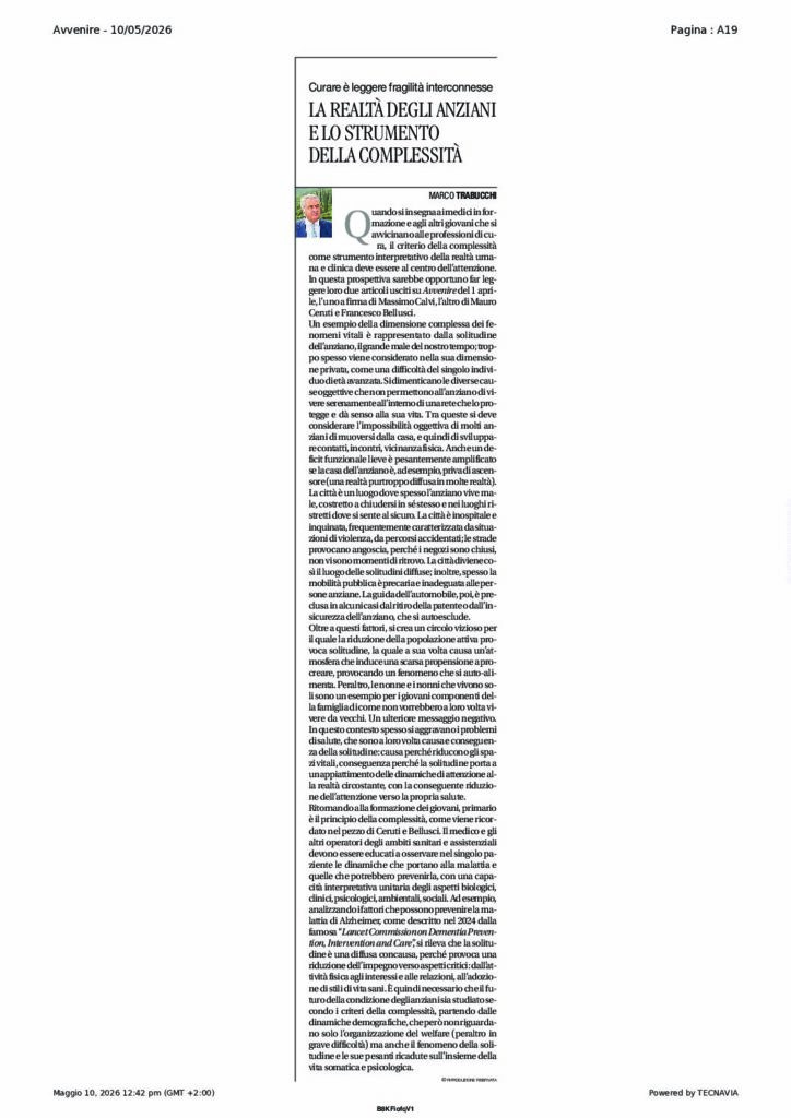 Trabucchi: LA REALTÀ DEGLI ANZIANI E LO STRUMENTO DELLA COMPLESSITÀ – Avvenire