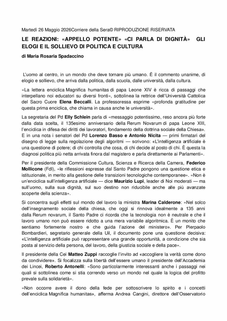 Spadaccino: LE REAZIONI: «APPELLO POTENTE» «CI PARLA DI DIGNITÀ» GLI ELOGI E IL SOLLIEVO DI POLITICA E CULTURA – Corriere della Sera