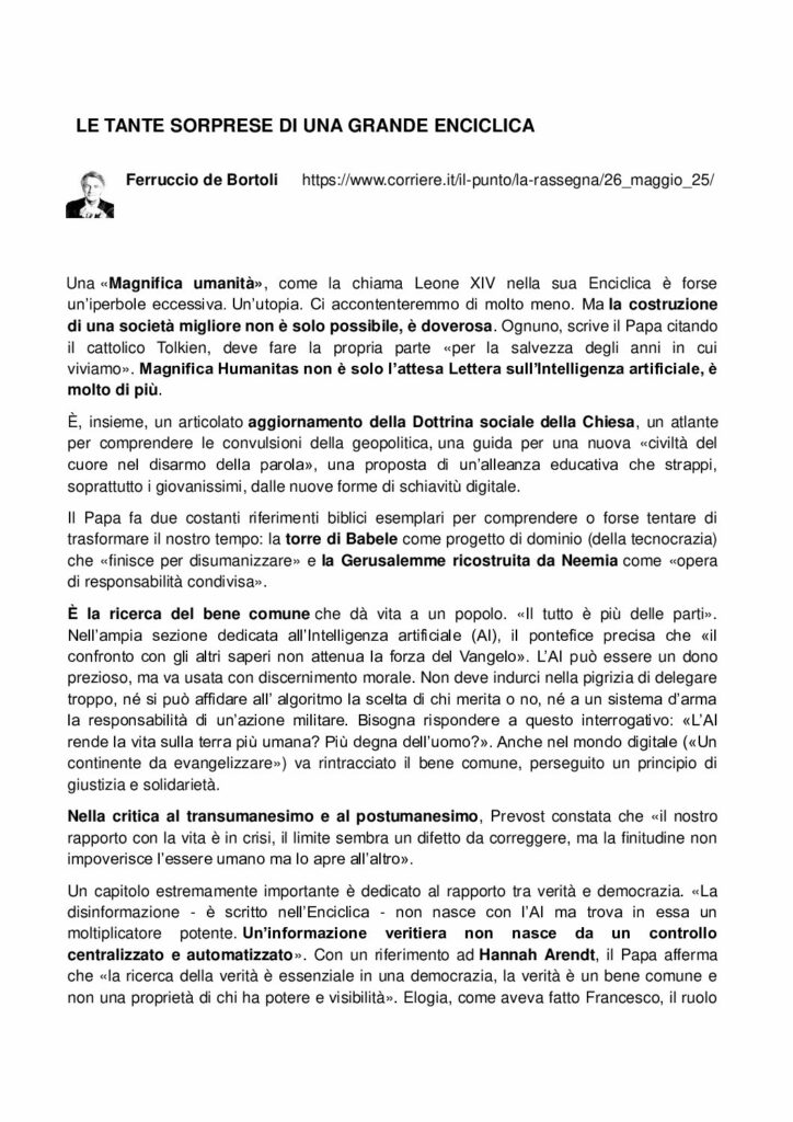 de Bortoli: LE TANTE SORPRESE DI UNA GRANDE ENCICLICA – Corriere della Sera