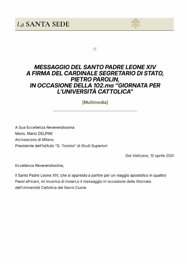 Leone XIV: 102.ma “GIORNATA PER L’UNIVERSITA CATTOLICA” – Libreria Editrice Vaticana