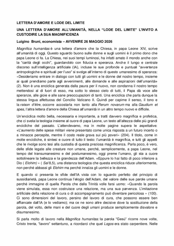 Bruni: UNA LETTERA D’AMORE ALL’UMANITÀ, NELLA “LODE DEL LIMITE” L’INVITO A CUSTODIRE LA SUA MAGNIFICENZA – Avvenire
