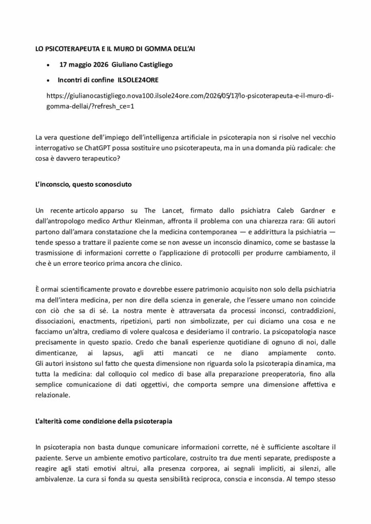 Castigliego: LO PSICOTERAPEUTA E IL MURO DI GOMMA DELL’AI – il Sole 24ore