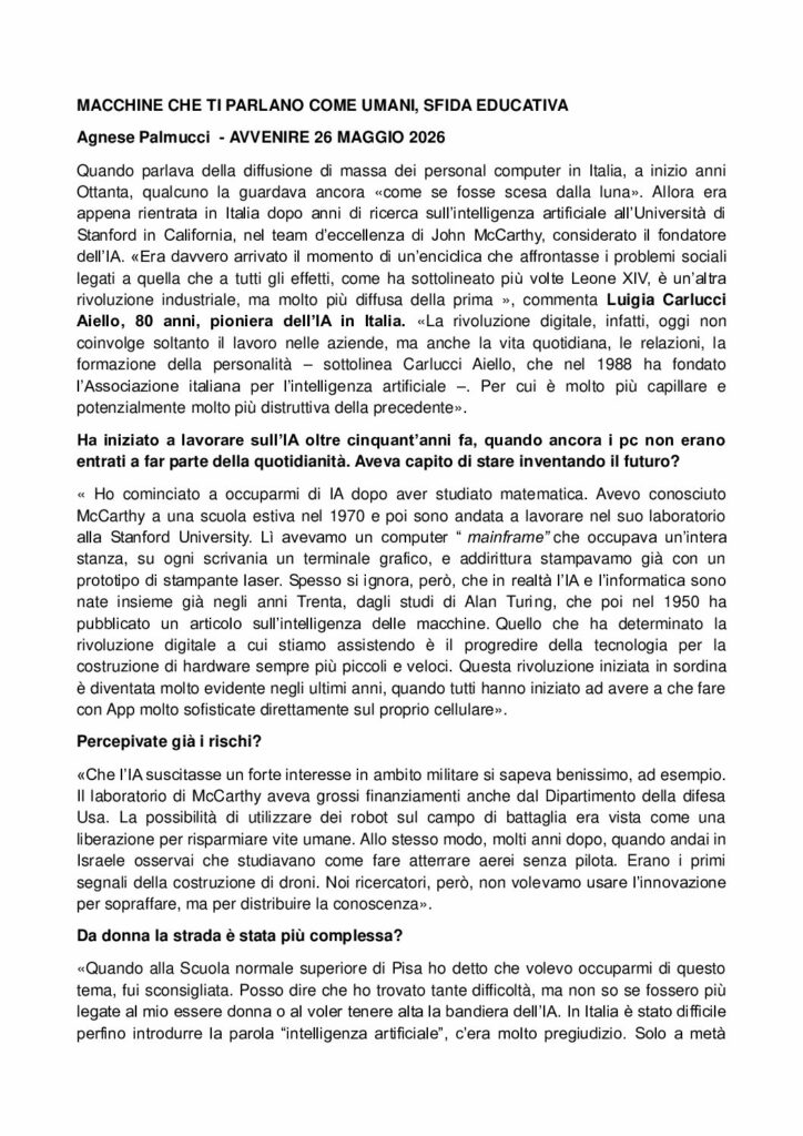 Palmucci: MACCHINE CHE TI PARLANO COME UMANI, SFIDA EDUCATIVA – Avvenire