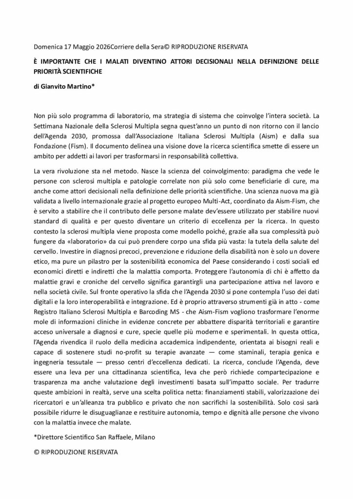 Martino: È IMPORTANTE CHE I MALATI DIVENTINO ATTORI DECISIONALI NELLA DEFINIZIONE DELLE PRIORITÀ SCIENTIFICHE – Corriere della Sera