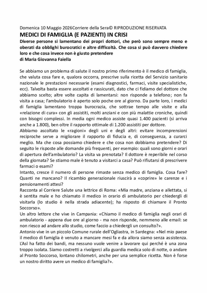 Faiella: MEDICI DI FAMIGLIA (E PAZIENTI) IN CRISI – Corriere della Sera