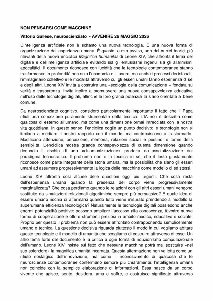 Gallese: NON PENSARSI COME MACCHINE – Avvenire