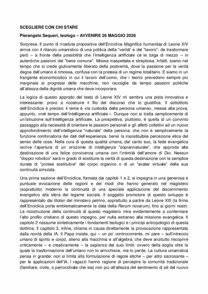 Sequeri: SCEGLIERE CON CHI STARE – Avvenire