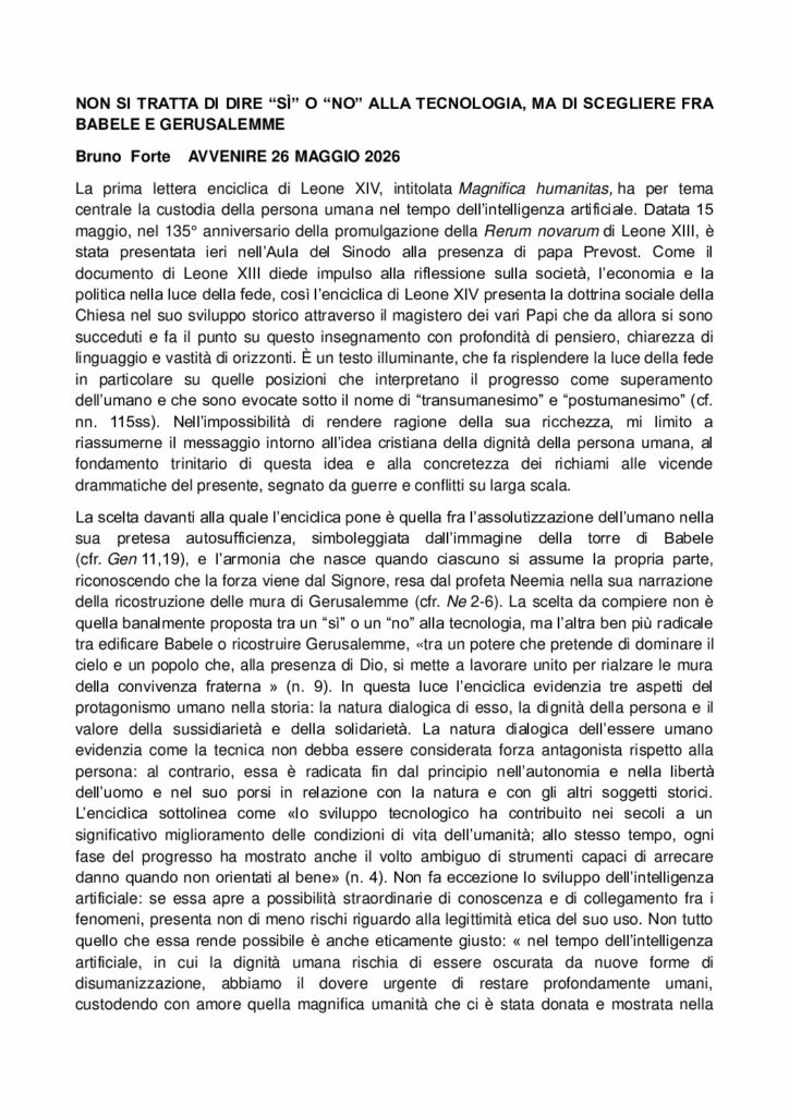 Forte: NON SI TRATTA DI DIRE “SÌ” O “NO” ALLA TECNOLOGIA, MA DI SCEGLIERE FRA BABELE E GERUSALEMME – Avvenire