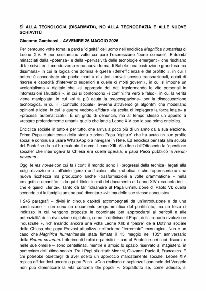 Gambassi: SÌ ALLA TECNOLOGIA (DISARMATA), NO ALLA TECNOCRAZIA E ALLE NUOVE SCHIAVITÙ – Avvenire