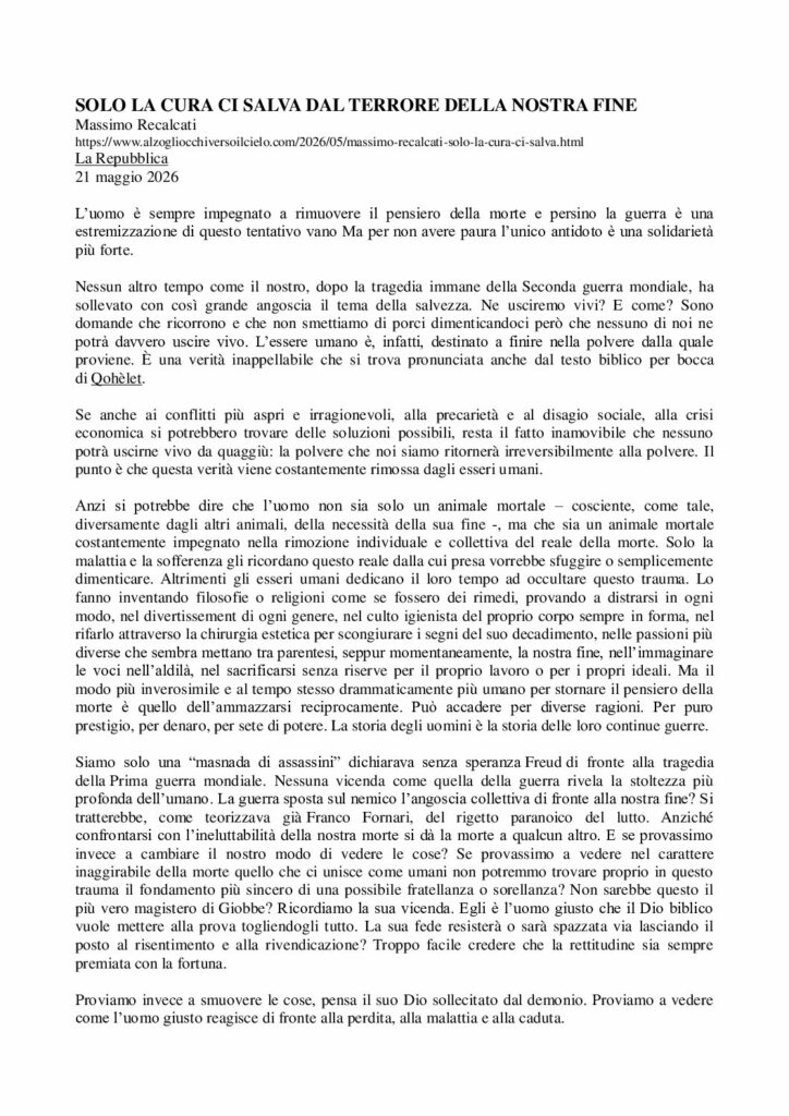 Recalcati: SOLO LA CURA CI SALVA DAL TERRORE DELLA NOSTRA FINE – La Repubblica