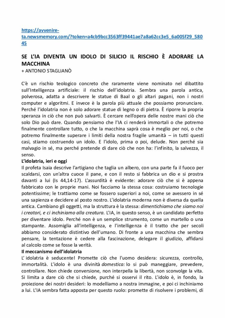 Staglianò: SE L’IA DIVENTA UN IDOLO DI SILICIO IL RISCHIO È ADORARE LA MACCHINA – avvenire.it