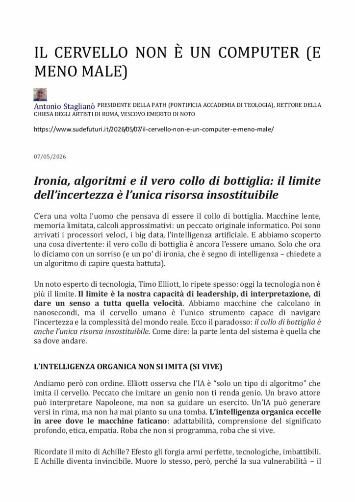 Staglianò: IL CERVELLO NON È UN COMPUTER (E MENO MALE) – sudefuturi.it