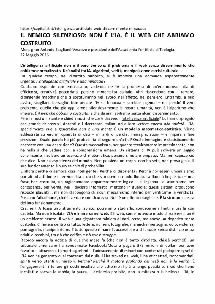 Staglianò: IL NEMICO SILENZIOSO: NON È L’IA, È IL WEB CHE ABBIAMO COSTRUITO – capitalist.it
