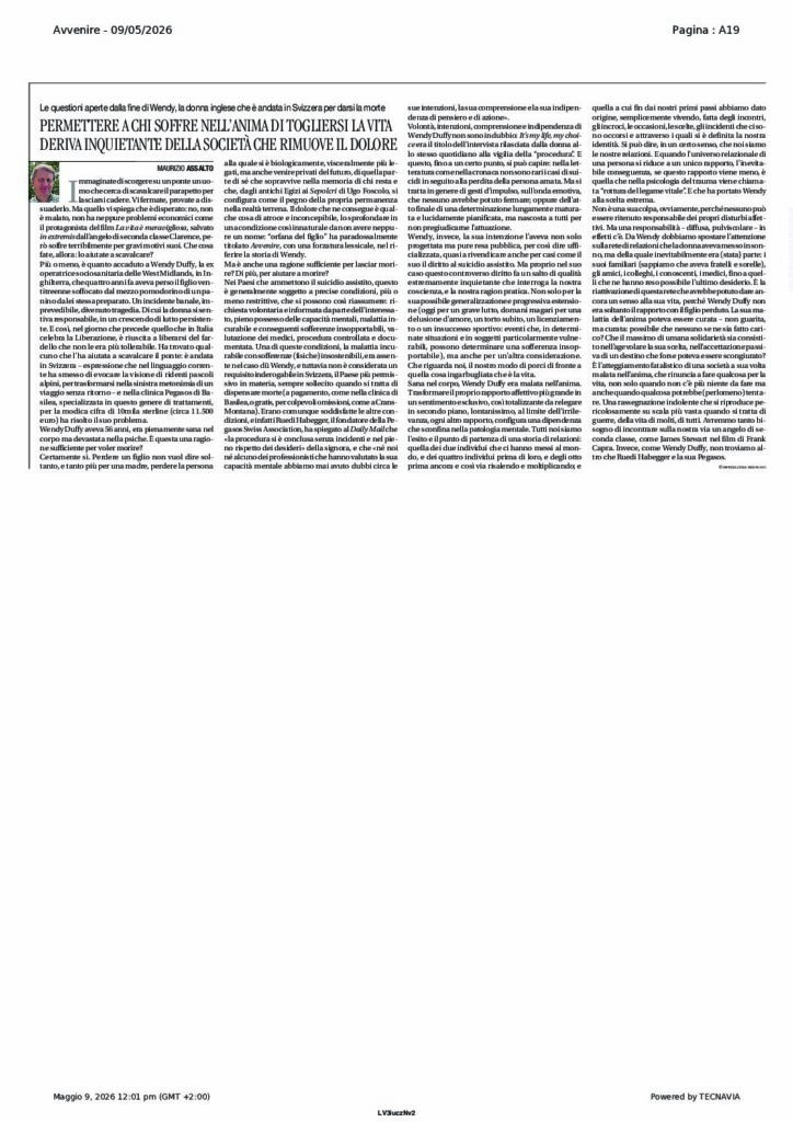 Assalto: PERMETTERE A CHI SOFFRE NELL’ANIMA DI TOGLIERSI LA VITA DERIVA INQUIETANTE DELLA SOCIETÀ CHE RIMUOVE IL DOLORE – Avvenire
