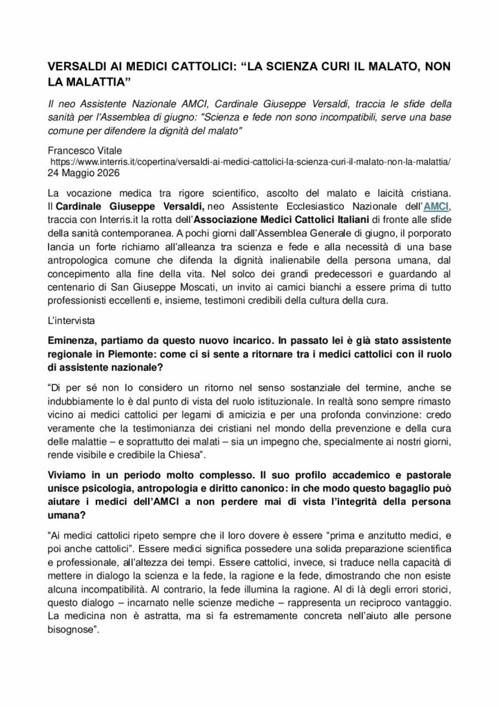 Versaldi: “LA SCIENZA CURI IL MALATO, NON LA MALATTIA” – interris.it