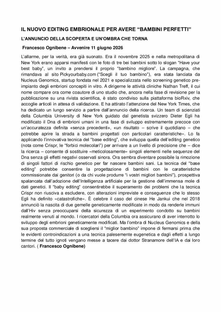 Ognibene: IL NUOVO EDITING EMBRIONALE PER AVERE “BAMBINI PERFETTI” – Avvenire
