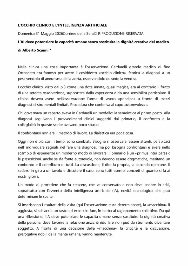 Alberto Scanni: L’OCCHIO CLINICO E L’INTELLIGENZA ARTIFICIALE – Corriere della Sera