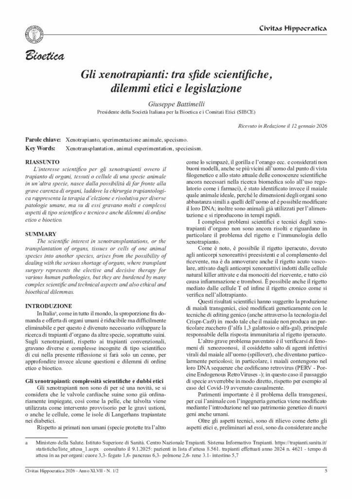 Battimelli: Gli xenotrapianti: tra sfide scientifiche, dilemmi etici e legislazione – Civitas Hippocratica