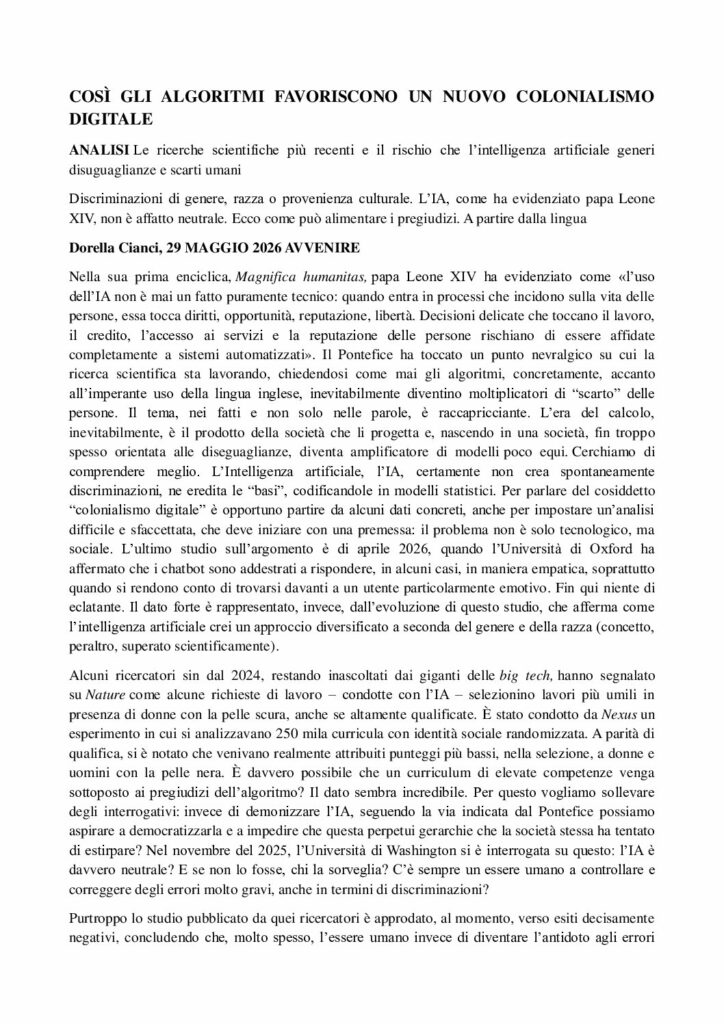 Cianci: COSÌ GLI ALGORITMI FAVORISCONO UN NUOVO COLONIALISMO DIGITALE – Avvenire
