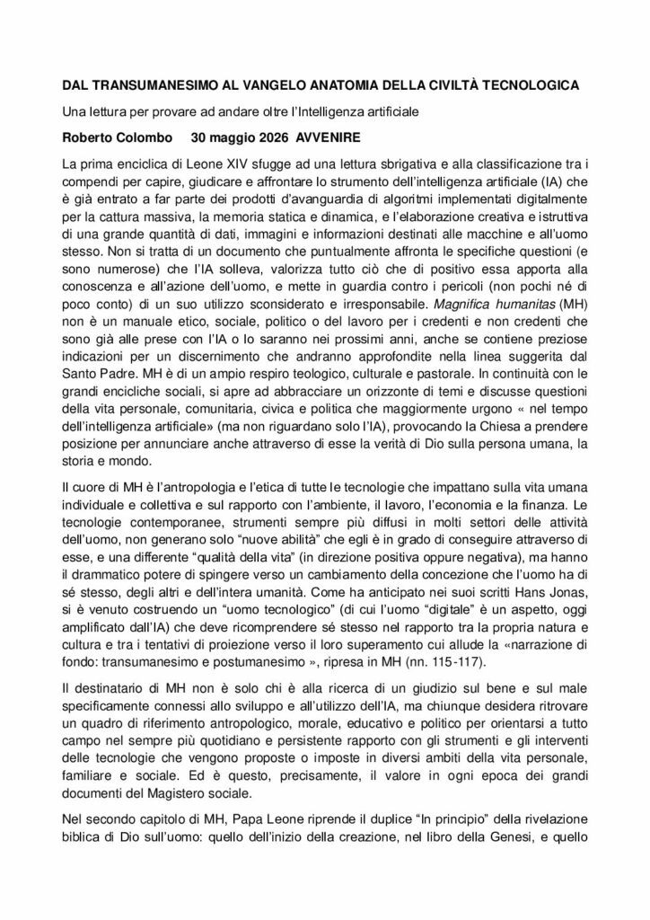 Colombo: DAL TRANSUMANESIMO AL VANGELO ANATOMIA DELLA CIVILTÀ TECNOLOGICA – Avvenire