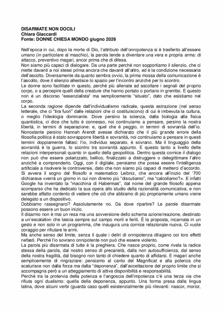 Giaccardi: DISARMATE NON DOCILI – DONNE CHIESA MONDO