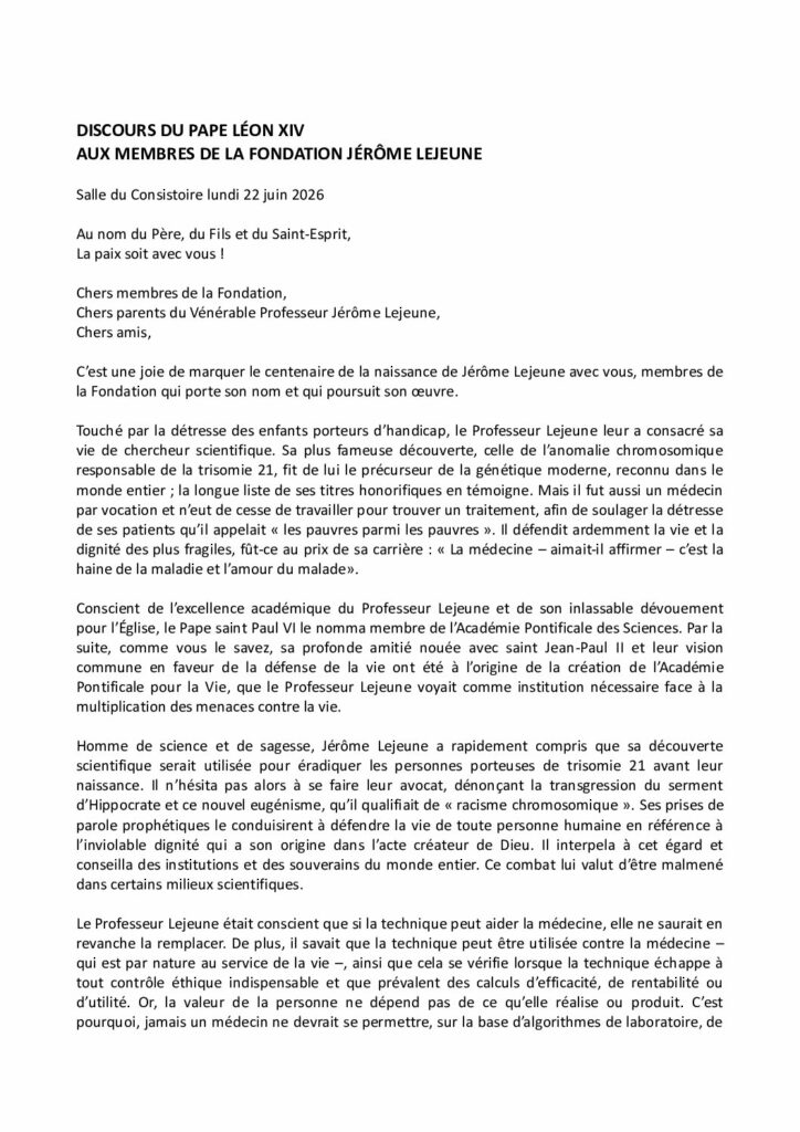 Papa Leone XIV: DISCORSO DI PAPA LEONE XIV AI MEMBRI DELLA FONDAZIONE JÉRÔME LEJEUNE