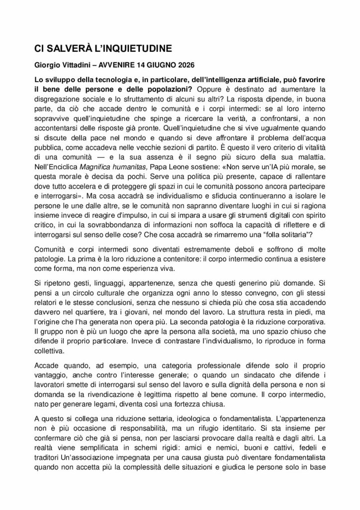 Vittadini: CI SALVERÀ L’INQUIETUDINE – Avvenire