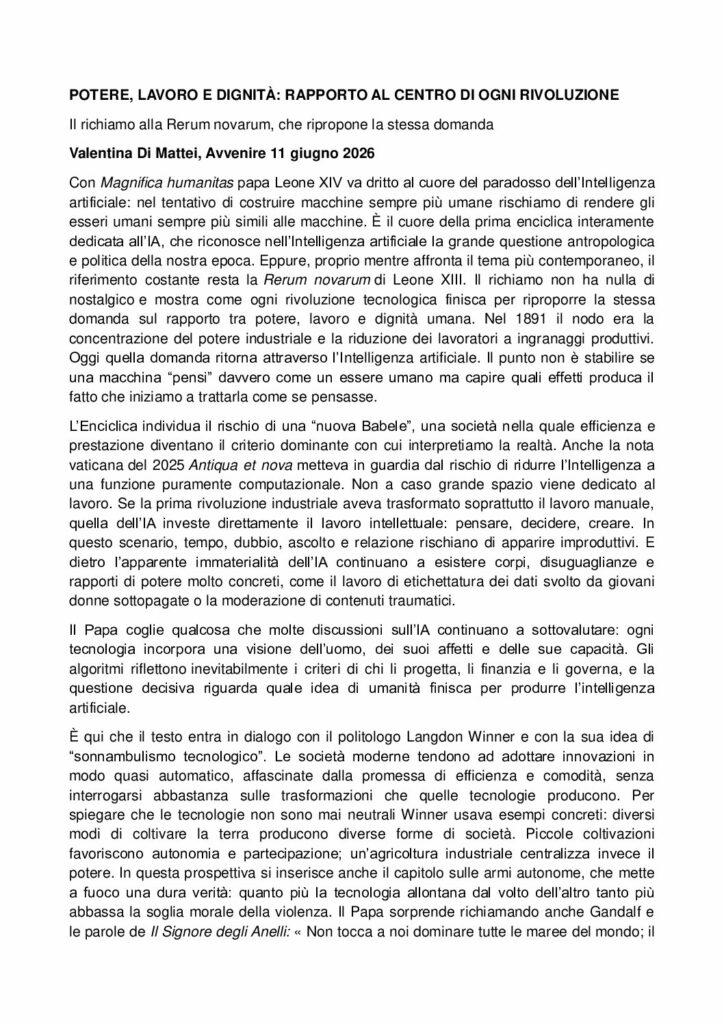 Di Mattei: POTERE, LAVORO E DIGNITÀ: RAPPORTO AL CENTRO DI OGNI RIVOLUZIONE – Avvenire